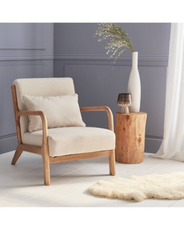 Fauteuil design beige en bois et tissu