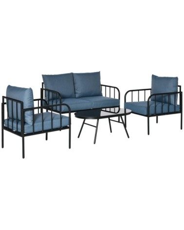 Ensemble salon de jardin 4 places métal époxy noir polyester bleu