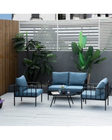 Ensemble salon de jardin 4 places métal époxy noir polyester bleu