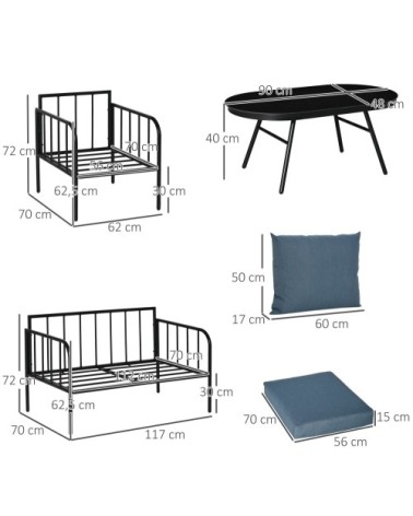 Ensemble salon de jardin 4 places métal époxy noir polyester bleu