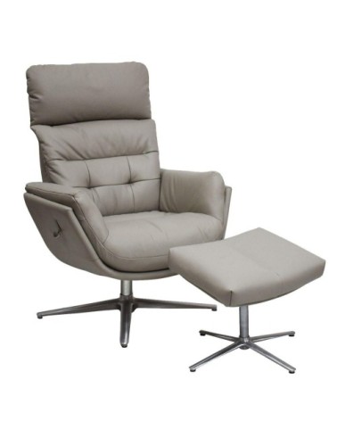 Fauteuil relax avec pouf base étoile aluminium - Cuir Beige