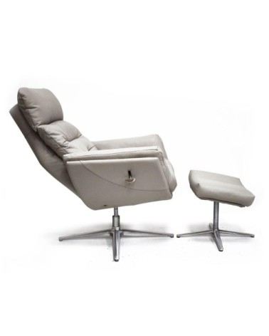 Fauteuil relax avec pouf base étoile aluminium - Cuir Beige