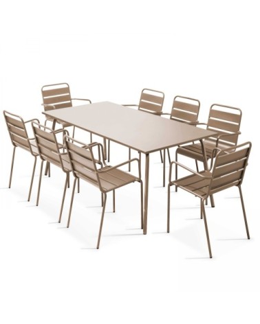 Ensemble table de jardin et 8 fauteuils en métal taupe