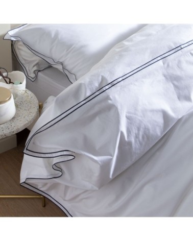 Housse de couette percale coton  260x240cm Blanc/indigo