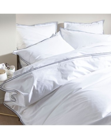 Housse de couette percale coton  200x200cm Blanc/indigo