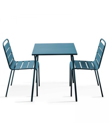 Ensemble table de jardin carrée et 2 chaises acier bleu pacific