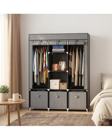 Armoire penderie pliable 5 étagères 2 tringles 3 tiroirs tissu gris