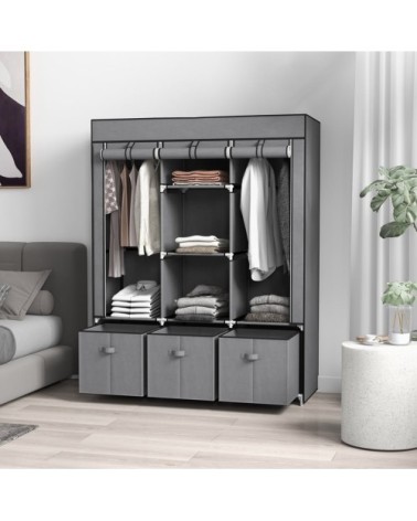 Armoire penderie pliable 5 étagères 2 tringles 3 tiroirs tissu gris