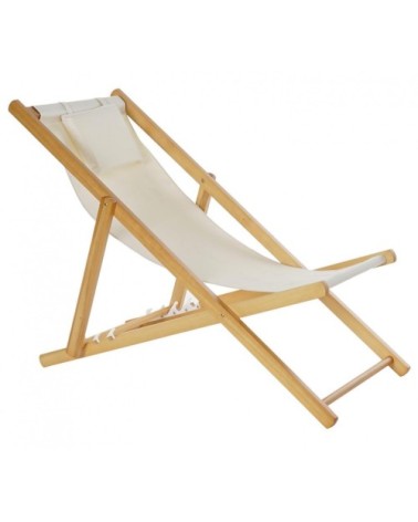 Chaise longue pliante chilienne en bois et tissu beige 57,5x113x77cm