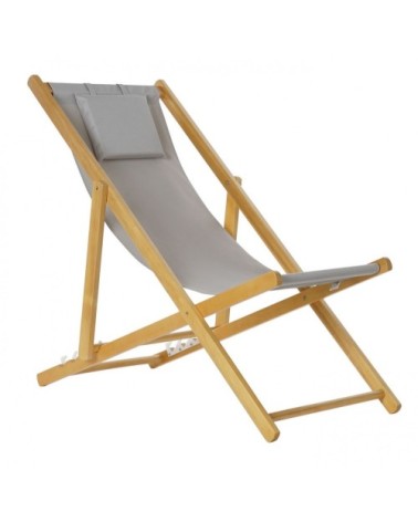 Chaise longue pliante chilienne en bois et tissu gris 57,5x113x77cm