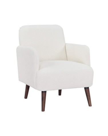 Fauteuil rétro en tissu bouclette pieds bois foncé ecru