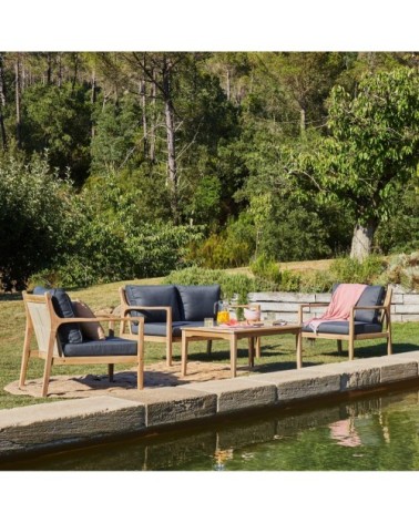 Salon de jardin 4 places en bois clair et corde tressée