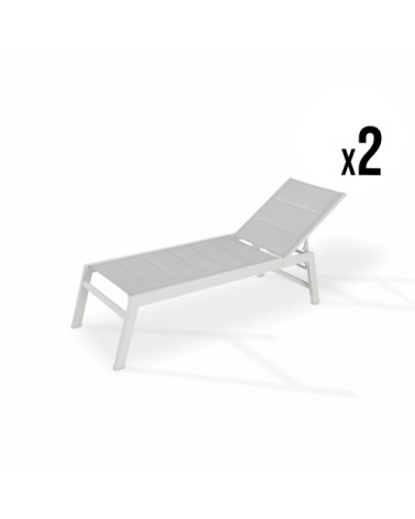 Lot de 2 grandes chaises longues en aluminium blanc avec roulettes