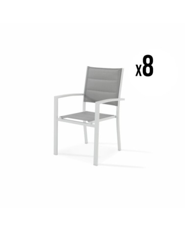Lot de 8 chaises empilables en aluminium blanc et textilène gris