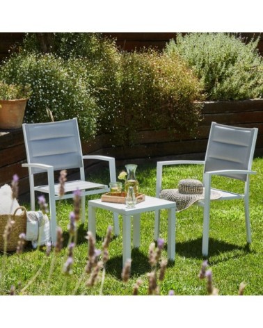 Lot de 8 chaises empilables en aluminium blanc et textilène gris