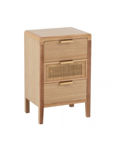 Table de chevet 3 tiroirs en bois et rotin