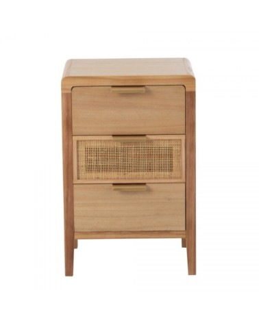 Table de chevet 3 tiroirs en bois et rotin