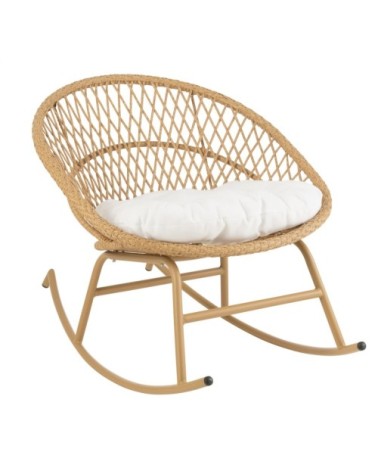 Chaise de jardin à bascule effet rotin avec coussin blanc