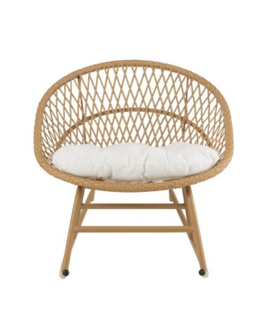 Chaise de jardin à bascule effet rotin avec coussin blanc