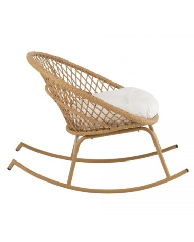 Chaise de jardin à bascule effet rotin avec coussin blanc