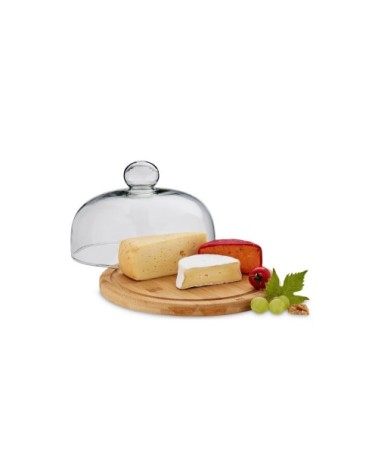 Plateau à fromage rond bambou et cloche en verre 24x15,5cm