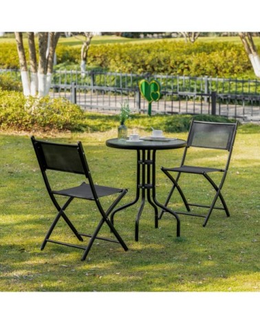 Salon de jardin bistro 2 chaises pliables table métal textilène noir