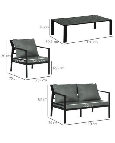 Salon de jardin style yachting 4 places 4 pièces avec coussins gris