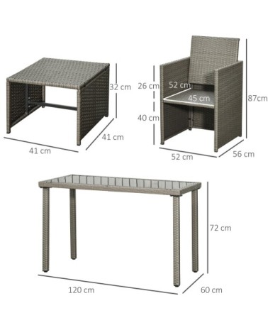 Salon de jardin encastrable 2 fauteuils 2 tabourets table basse gris