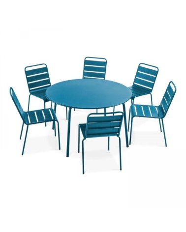 Ensemble table de jardin ronde et 6 chaises en métal bleu pacific