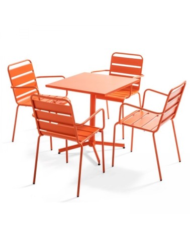 Ensemble table de jardin et 4 fauteuils en métal orange