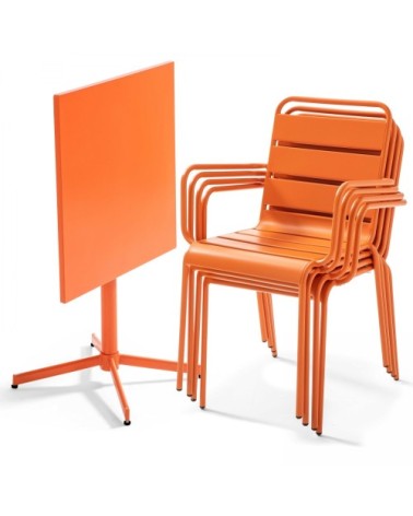 Ensemble table de jardin et 4 fauteuils en métal orange