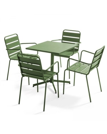 Ensemble table de jardin et 4 fauteuils en métal vert cactus