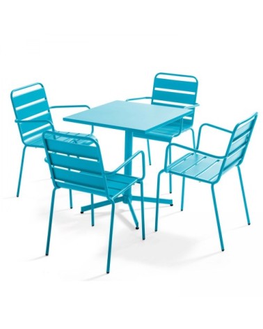 Ensemble table de jardin et 4 fauteuils en métal bleu