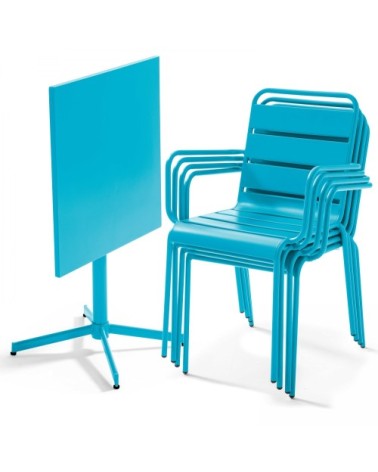 Ensemble table de jardin et 4 fauteuils en métal bleu