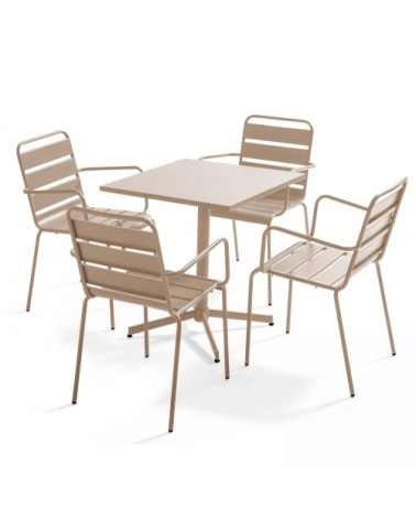 Ensemble table de jardin et 4 fauteuils en métal taupe