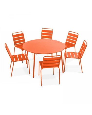 Ensemble table de jardin ronde et 6 chaises en métal orange