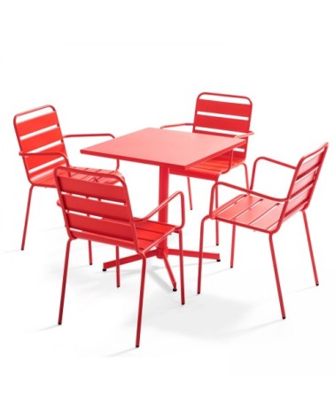 Ensemble table de jardin et 4 fauteuils en métal rouge