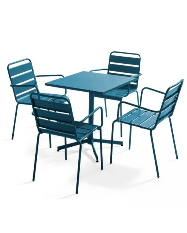 Ensemble table de jardin et 4 fauteuils en métal bleu pacific