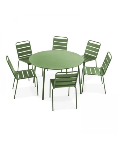 Ensemble table de jardin ronde et 6 chaises en métal vert cactus