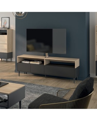 Meuble TV 2 niches effet bois noir et chêne naturel
