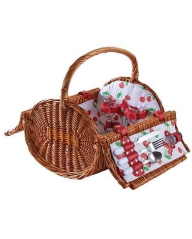 Panier pique-nique rond en osier clair 2 couvert cerise