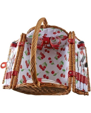 Panier pique-nique rond en osier clair 2 couvert cerise