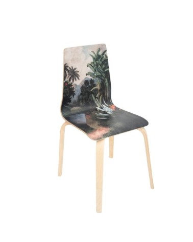 Chaise en bois de bouleau avec imprimé tropical