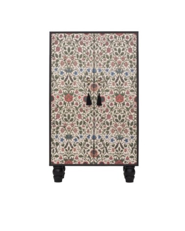 Buffet armoire en pin massif imprimé floral sur fond noir.