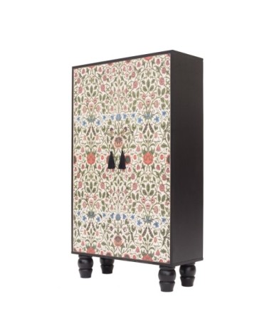 Buffet armoire en pin massif imprimé floral sur fond noir.