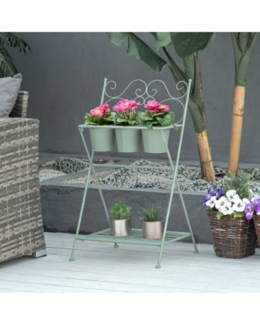 Étagère à fleurs pliable 2 niveaux style rural chic 3 pots de fleurs