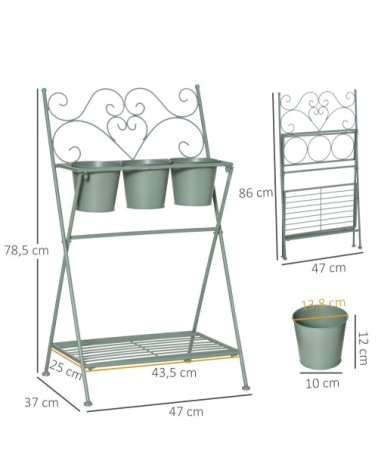 Étagère à fleurs pliable 2 niveaux style rural chic 3 pots de fleurs