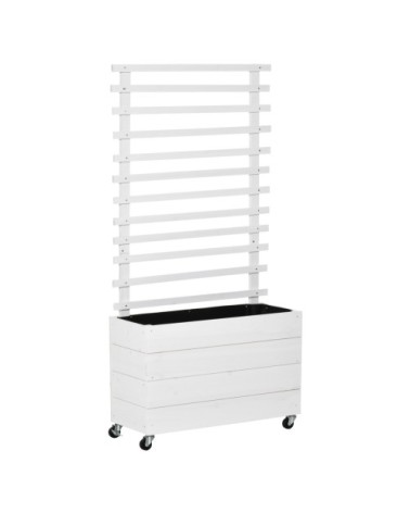 Jardinière avec treillis sur roulettes bois sapin traité peint blanc