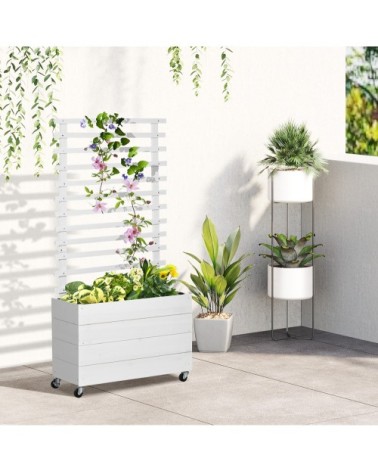 Jardinière avec treillis sur roulettes bois sapin traité peint blanc