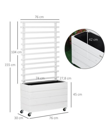 Jardinière avec treillis sur roulettes bois sapin traité peint blanc